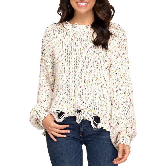 Cream Rainbow Confetti Knit Distressed 